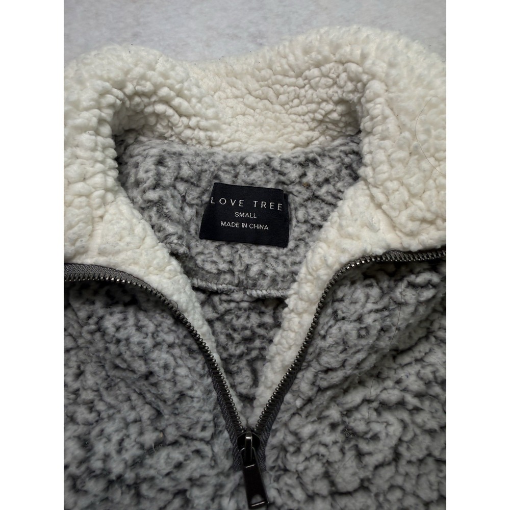 Love Tree Women's Small Sherpa Teddy Quarter Zip Pullover Gray Ivory Pockets